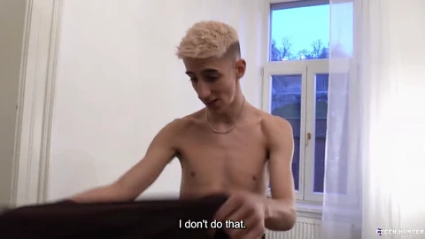 Blonde twink Denis Nowak flaunts his huge cock for cash, then presents his tight hole for a pounding