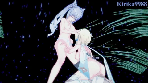 Keqing from Genshin Impact in a 3D anime style gets naughty with Lumine