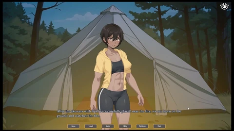 Ein wildes Camping-Hookup verwandelt sich in eine dampfende Footjob-Sitzung im Zelt des Manga-Pornospiels Episode 2!