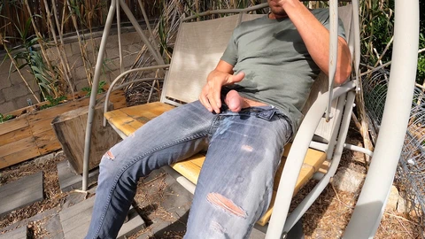 Naughty outdoor kink: drenching jeans and filling work boots with piss